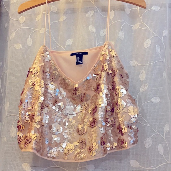 🌸💟 FINAL SALE 💟🌸 Forever 21 Sparkly Peach Sequin Crop Top Size L - Picture 2 of 10